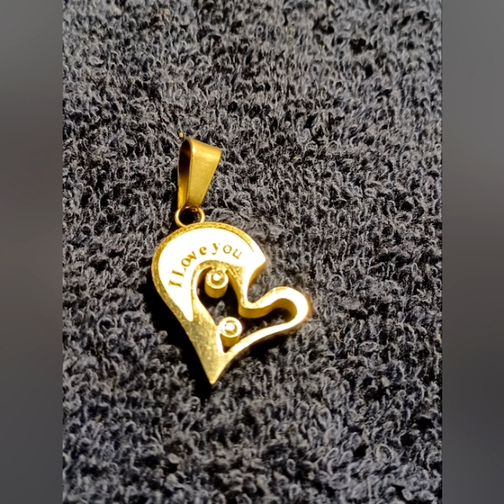 "I LOVE YOU" HEART PENDANT WITH 2 CZ. STONES. SILVER STAINLESS STEEL.